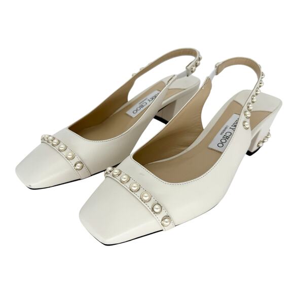 JIMMY CHOO Hya 45mm Faux Pearl Embellished Leather Pumps EU 38.5 US 8.5 Ivory - Picture 4 of 10
